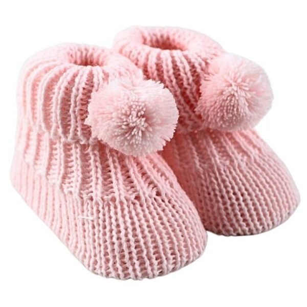 Nursery Time Knitted Baby Booties Pom Pom pink